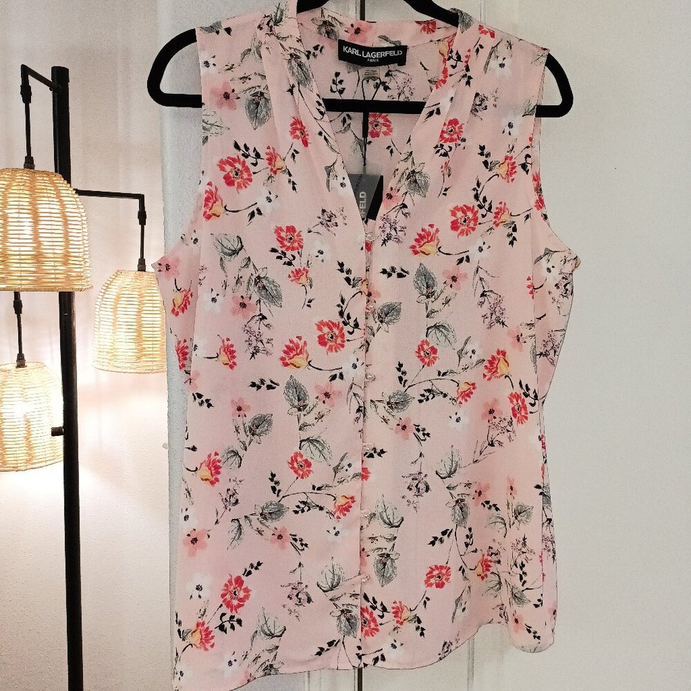 KARL LAGERFELD Pink Floral Sleeveless Blouse. Size L